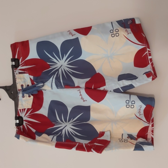 Golden Breed Men Board Shorts Size 92 Blue Red Hawaiian Print Pocket Hook & Loop - Picture 2 of 11